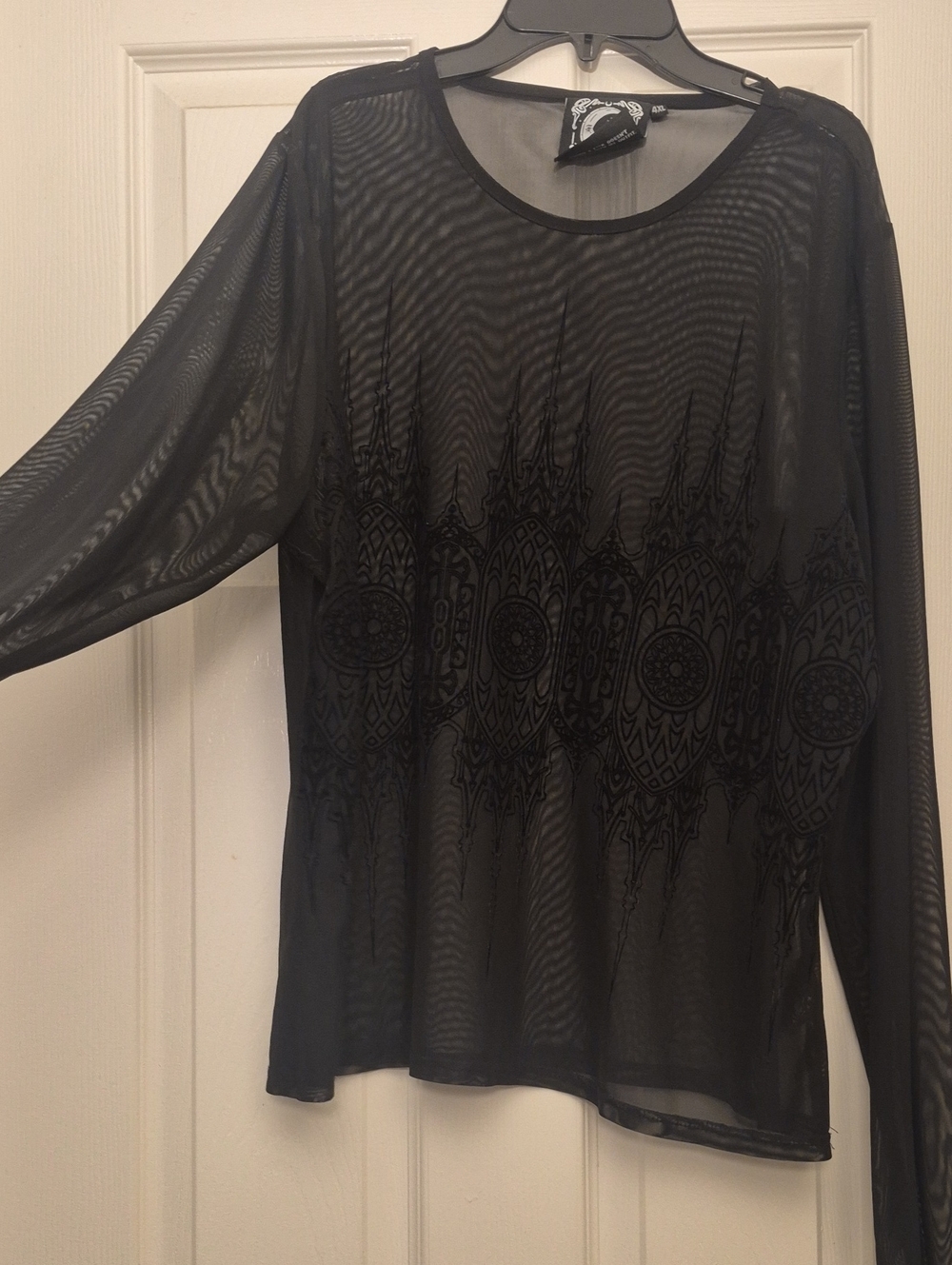 Killstar Black Sheer Mesh Long-Sleeve Top with Embroidered Medallion Band